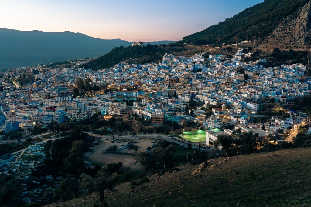 View of Chefchaouen blue city from the Spanish Mosque viewpoint